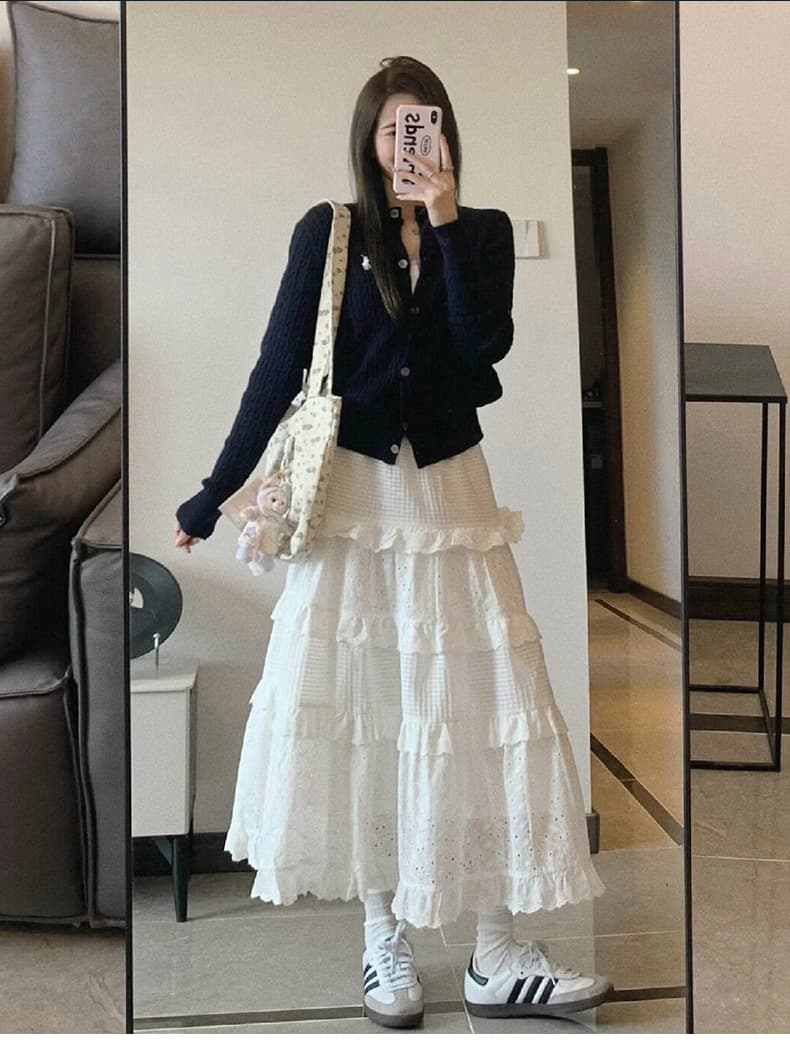 白スカート かぎ針編みティアードフリルスカート