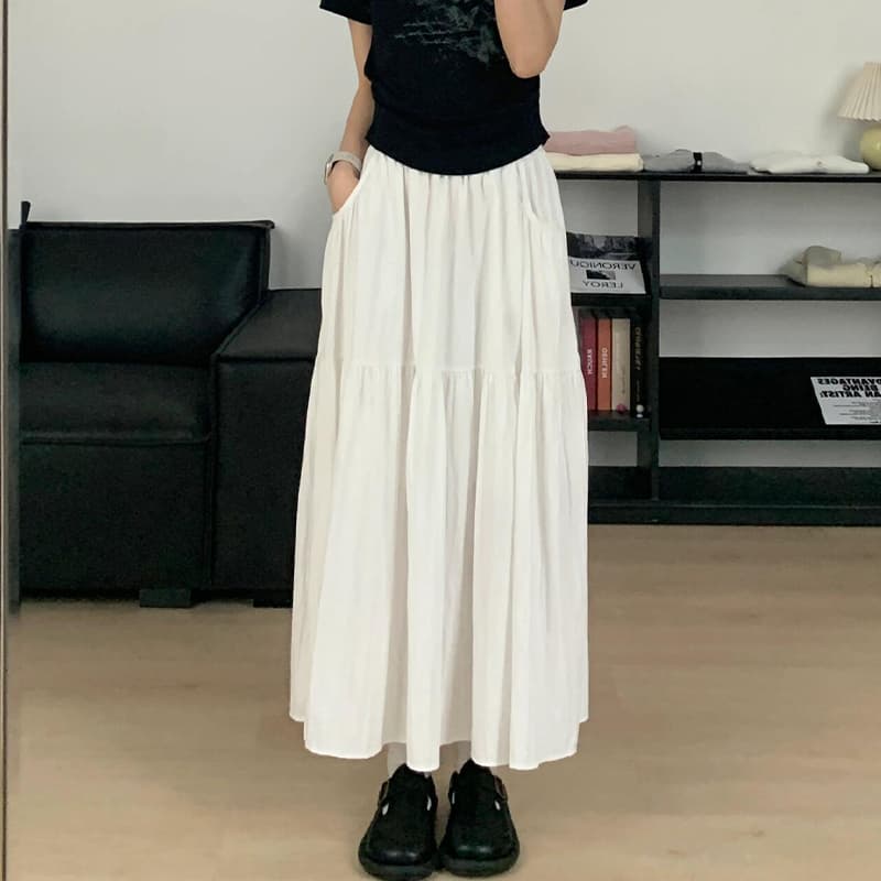 白スカート ティアードプリーツロングスカート