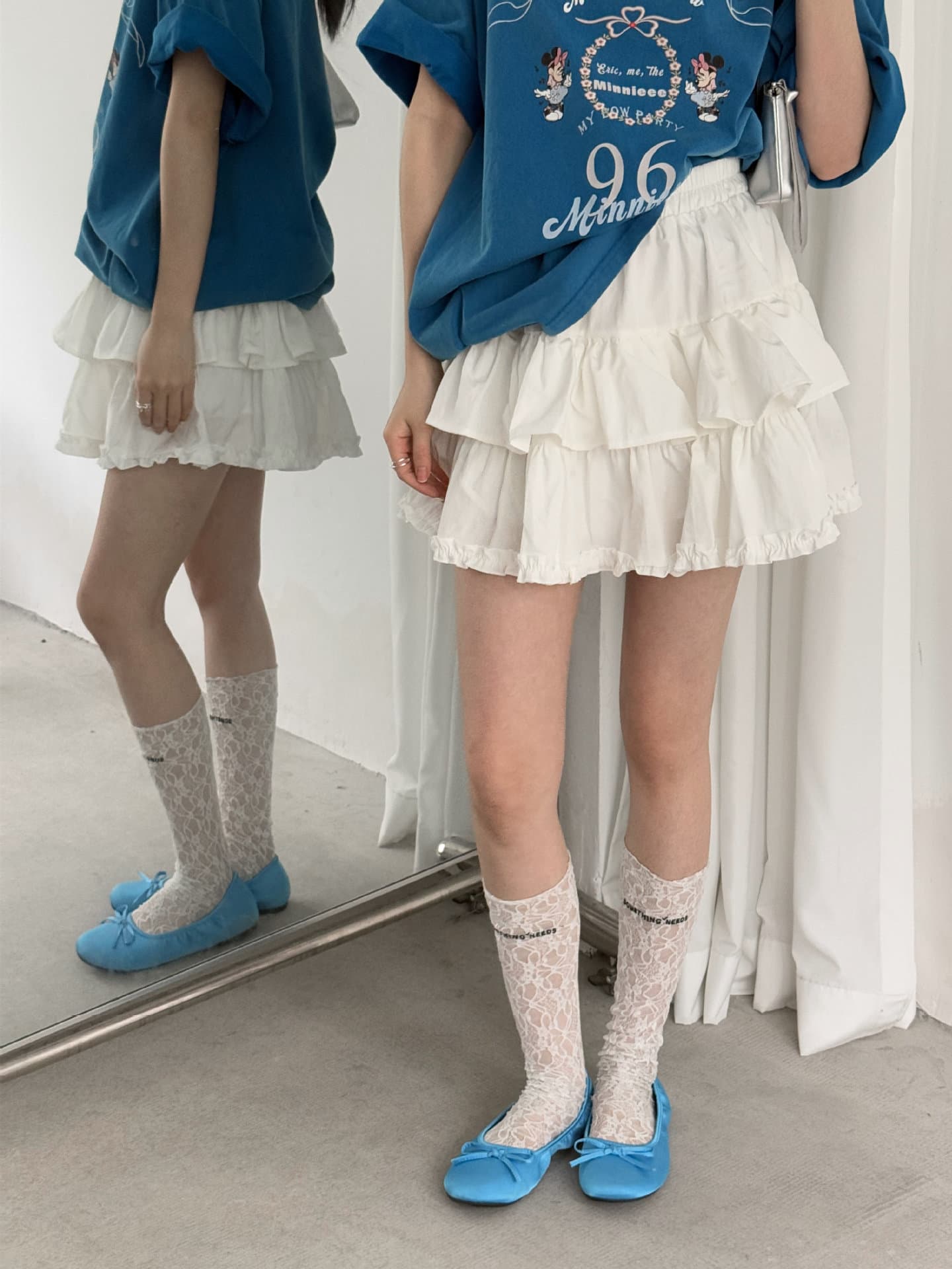 白スカート  ティアードフリル二段プリーツミニスカート