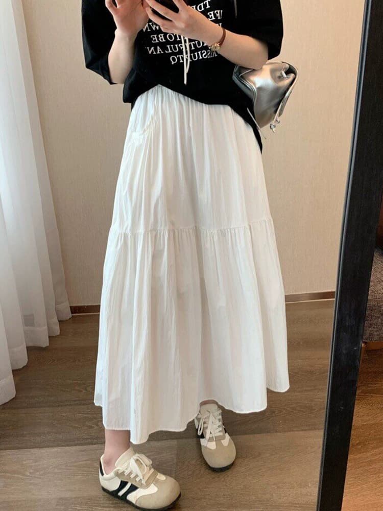 白スカート ティアードプリーツロングスカート