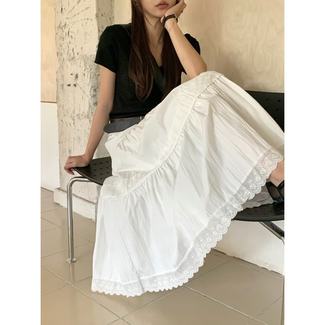 白スカート  ティアード切替えマキシ丈プリーツスカート