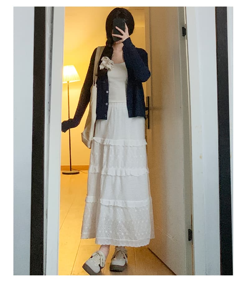 白スカート レイヤードフリルロングスカート