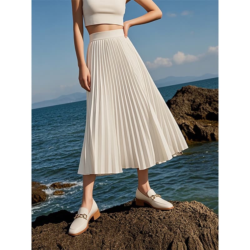 白スカート プリーツミモレ丈スカート
