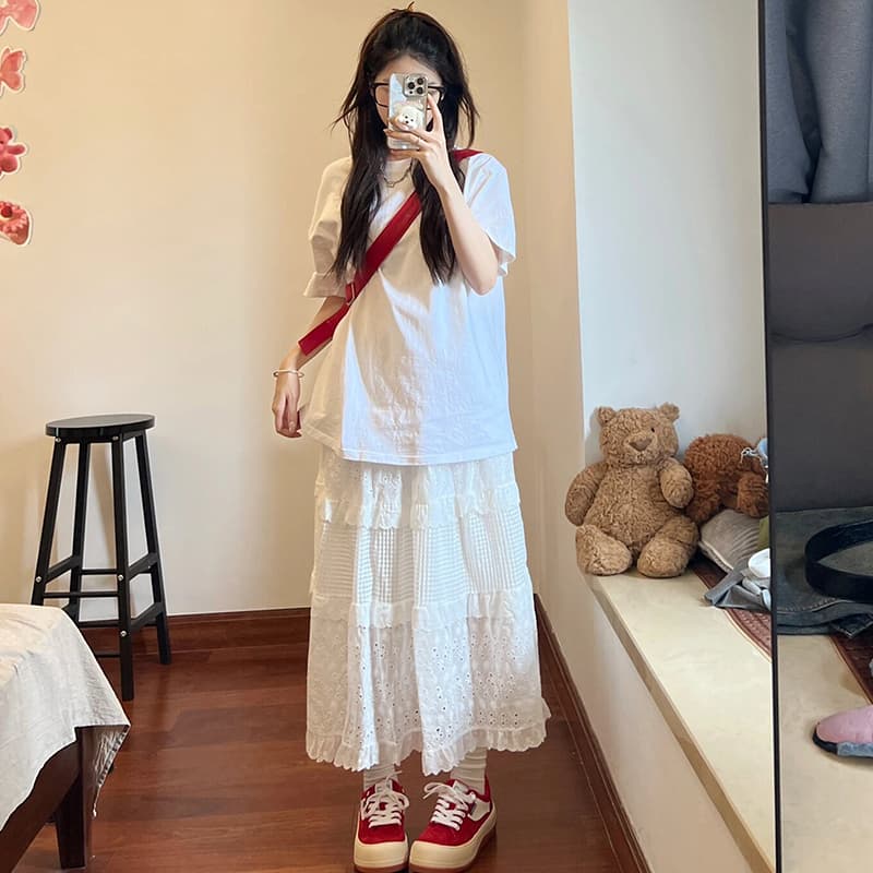 白スカート かぎ針編みティアードフリルスカート