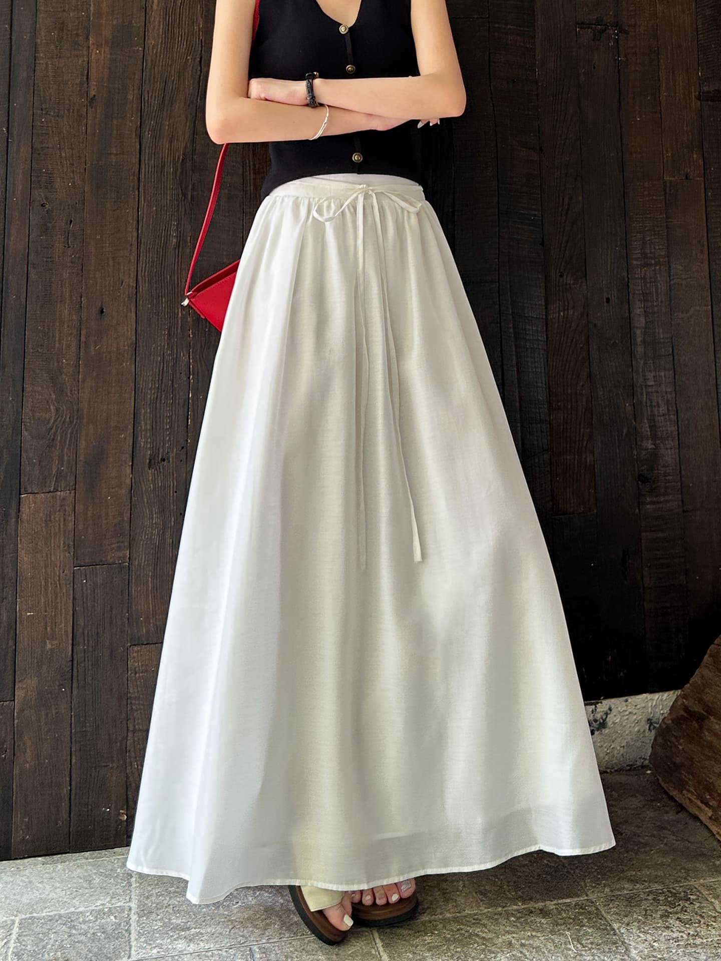 白スカート サテンロングフレアスカート