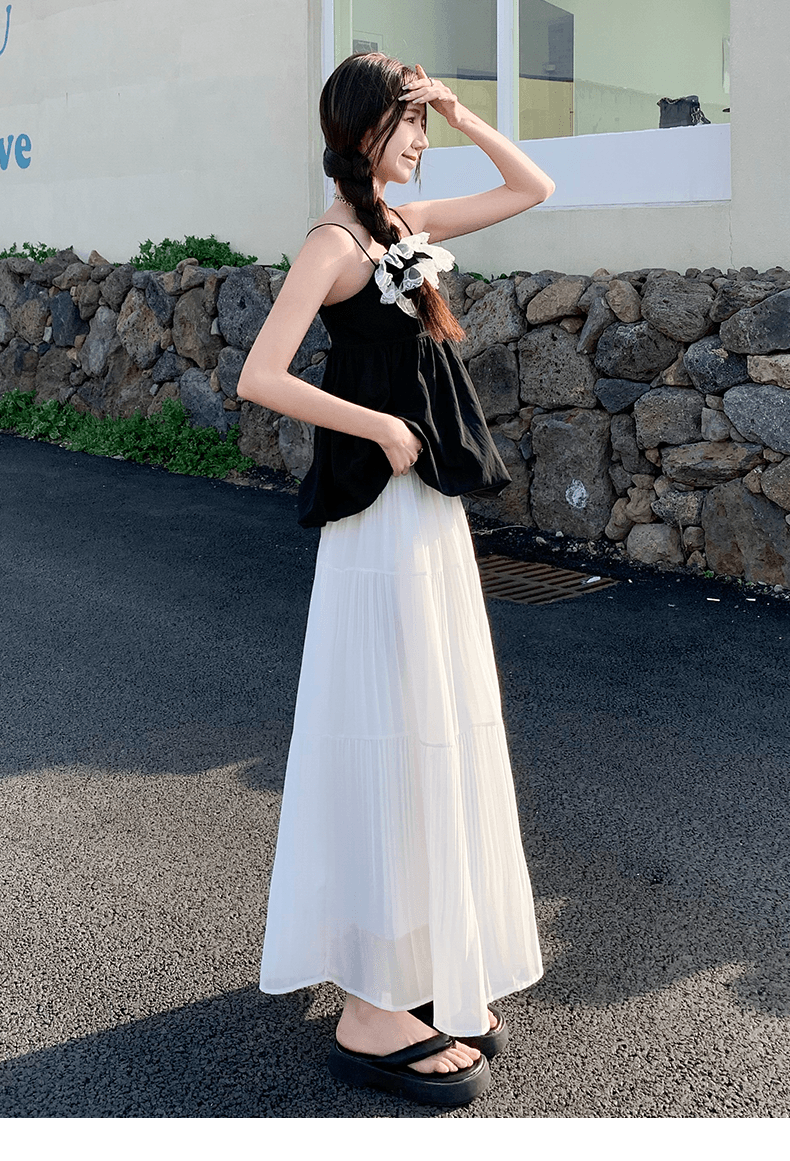 白スカート 優美なティアードプリーツロングスカート