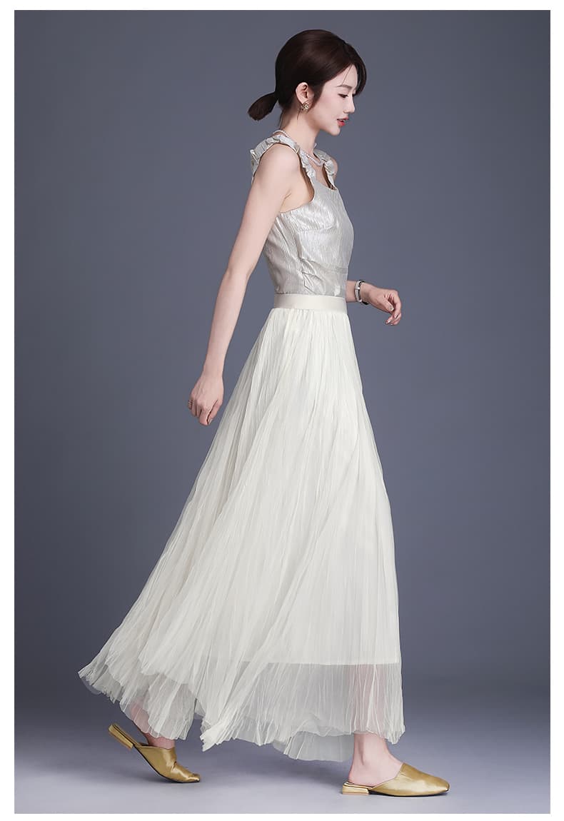 白スカート チュール重ね上品ロング丈プリーツスカート