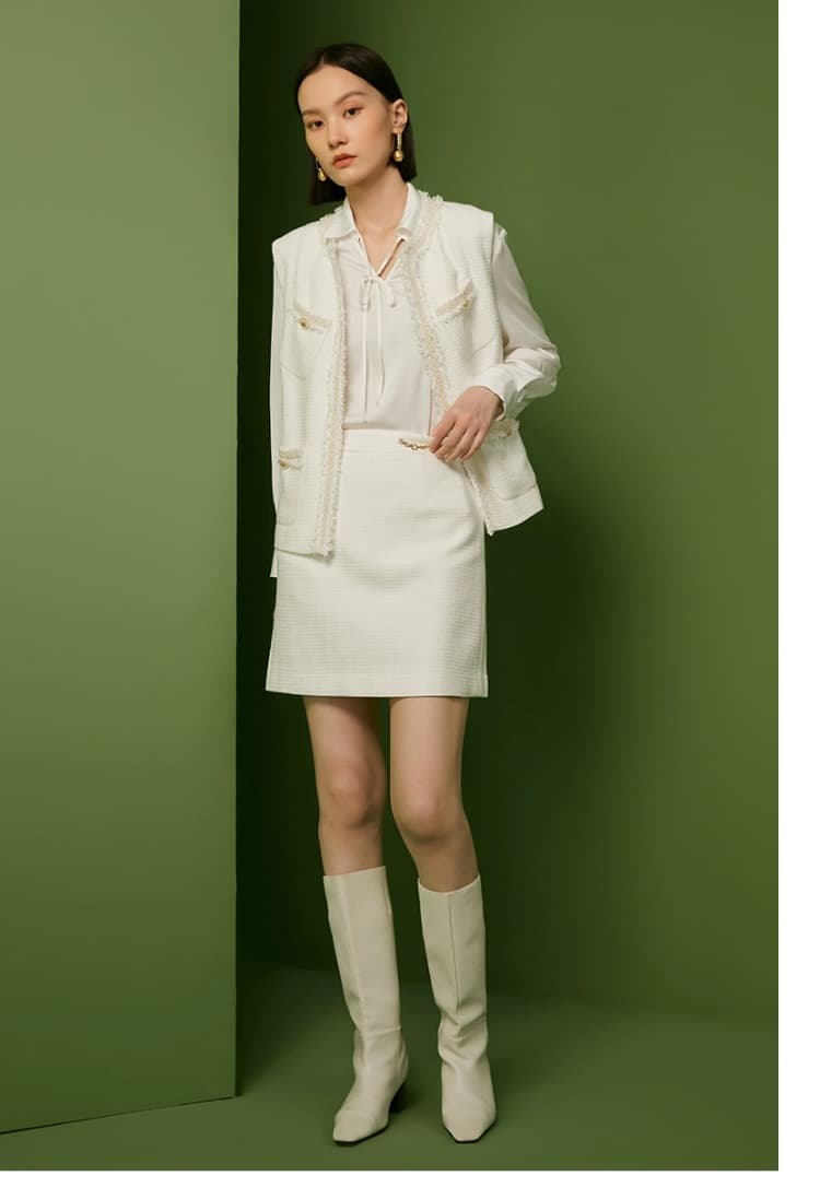 白スカート フリンジ装飾ミニタイトスカート