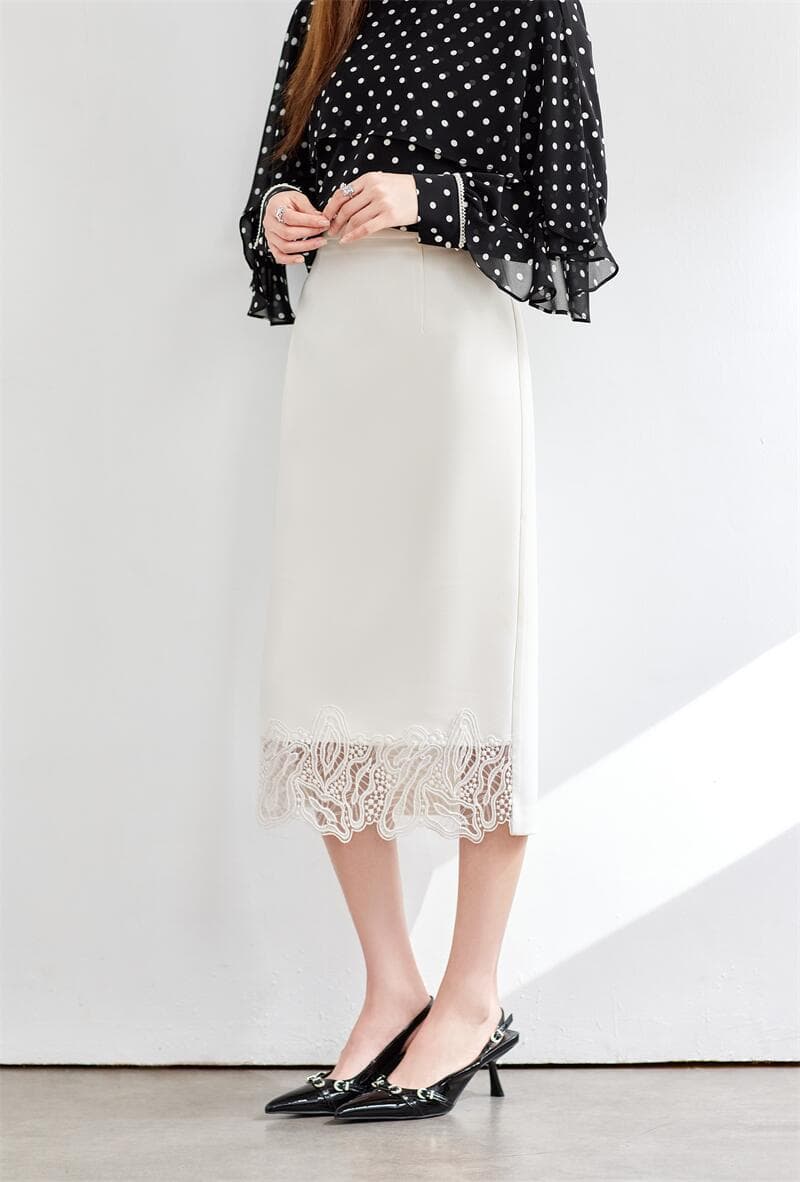 白スカート 裾レース付きペンシルスカート