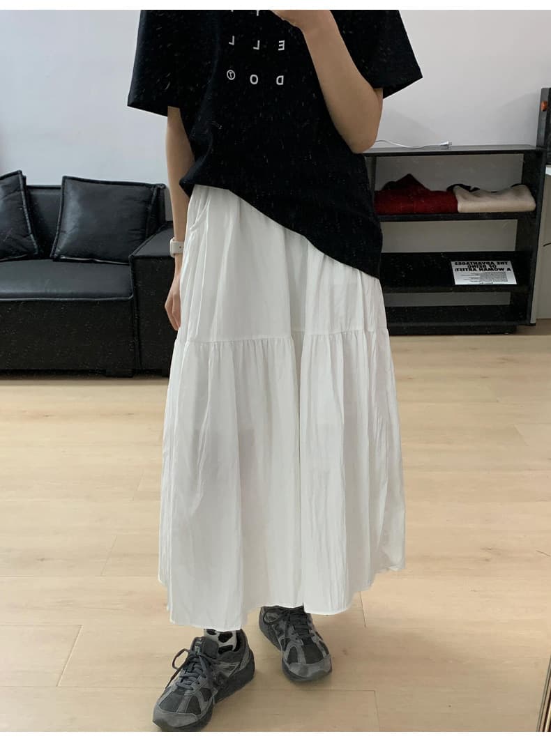 白スカート ティアードプリーツロングスカート