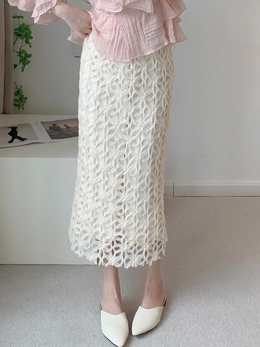 白スカート 透かし編みレースタイトスカート