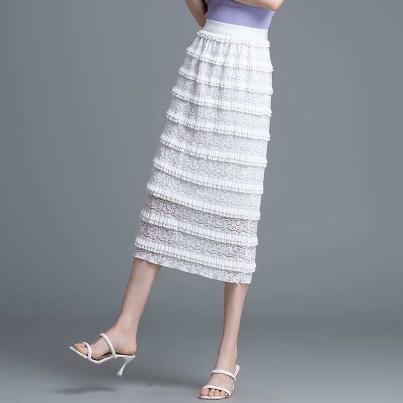 白スカート タイトレース重ねロングスカート