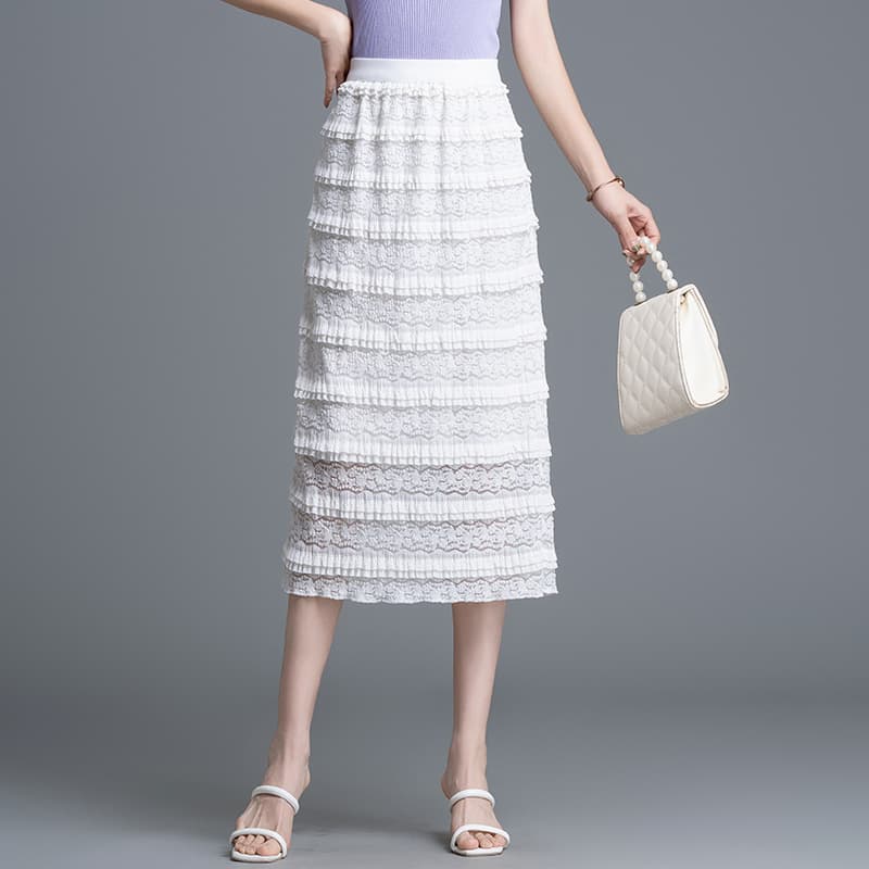 白スカート タイトレース重ねロングスカート