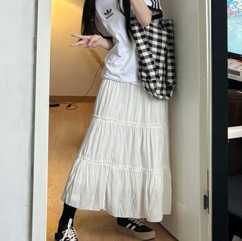 白スカート ティアードコットンロングフレアスカート