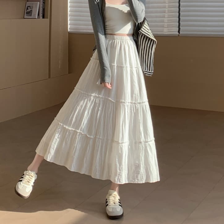白スカート ティアードフレア ロングスカート