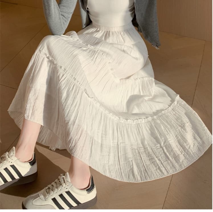 白スカート ティアードフレア ロングスカート