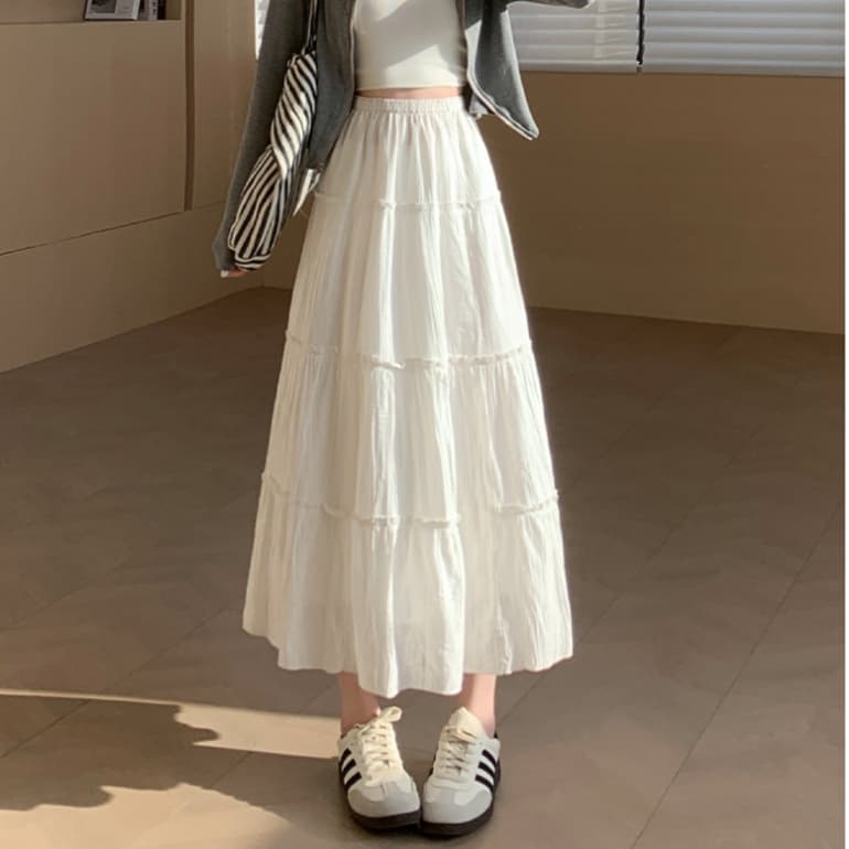 白スカート ティアードフレア ロングスカート
