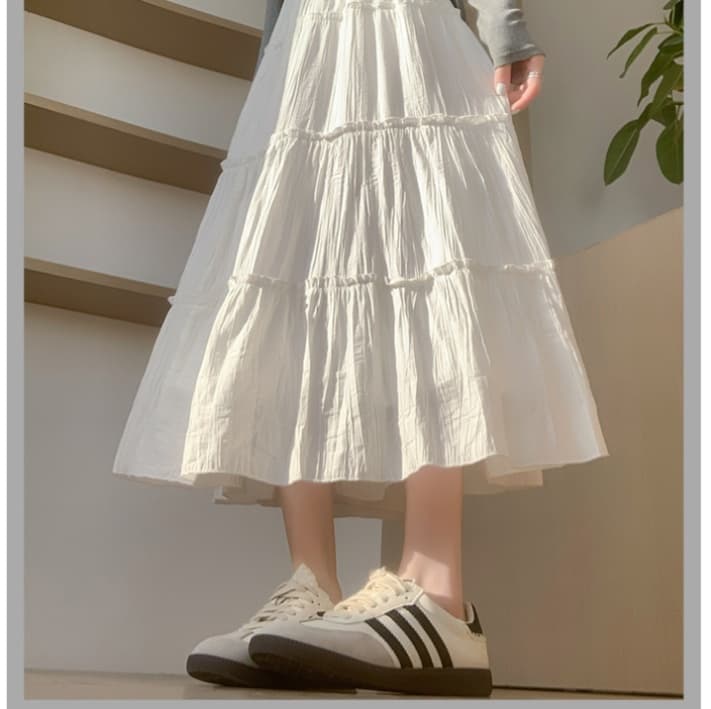 白スカート ティアードフレア ロングスカート