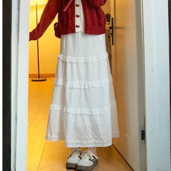 白スカート レイヤードフリルロングスカート