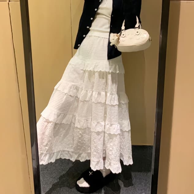 白スカート シフォン重ね二段フリルスカート