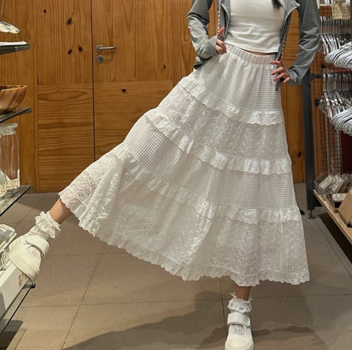 白スカート シフォン重ね二段フリルスカート