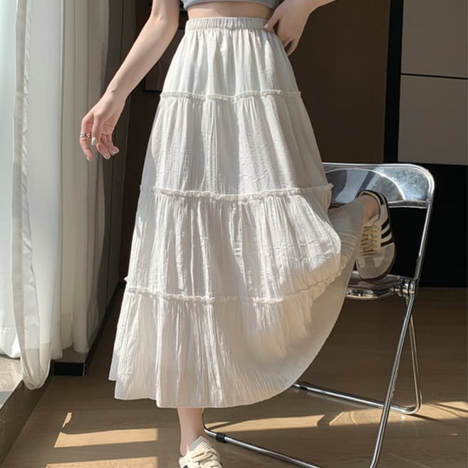 白スカート ティアードフレア マキシスカート
