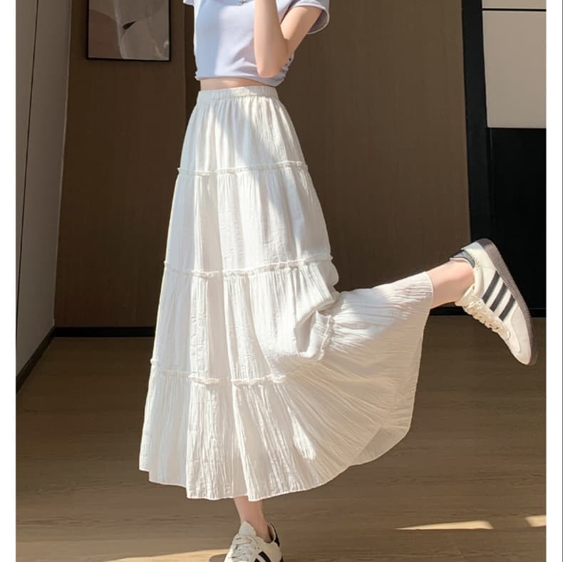 白スカート ティアードフレア マキシスカート