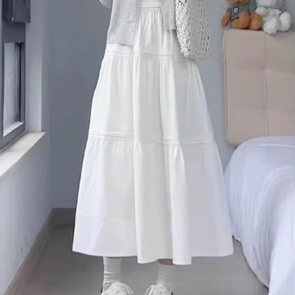 白スカート ティアードロング ギャザーフレアスカート