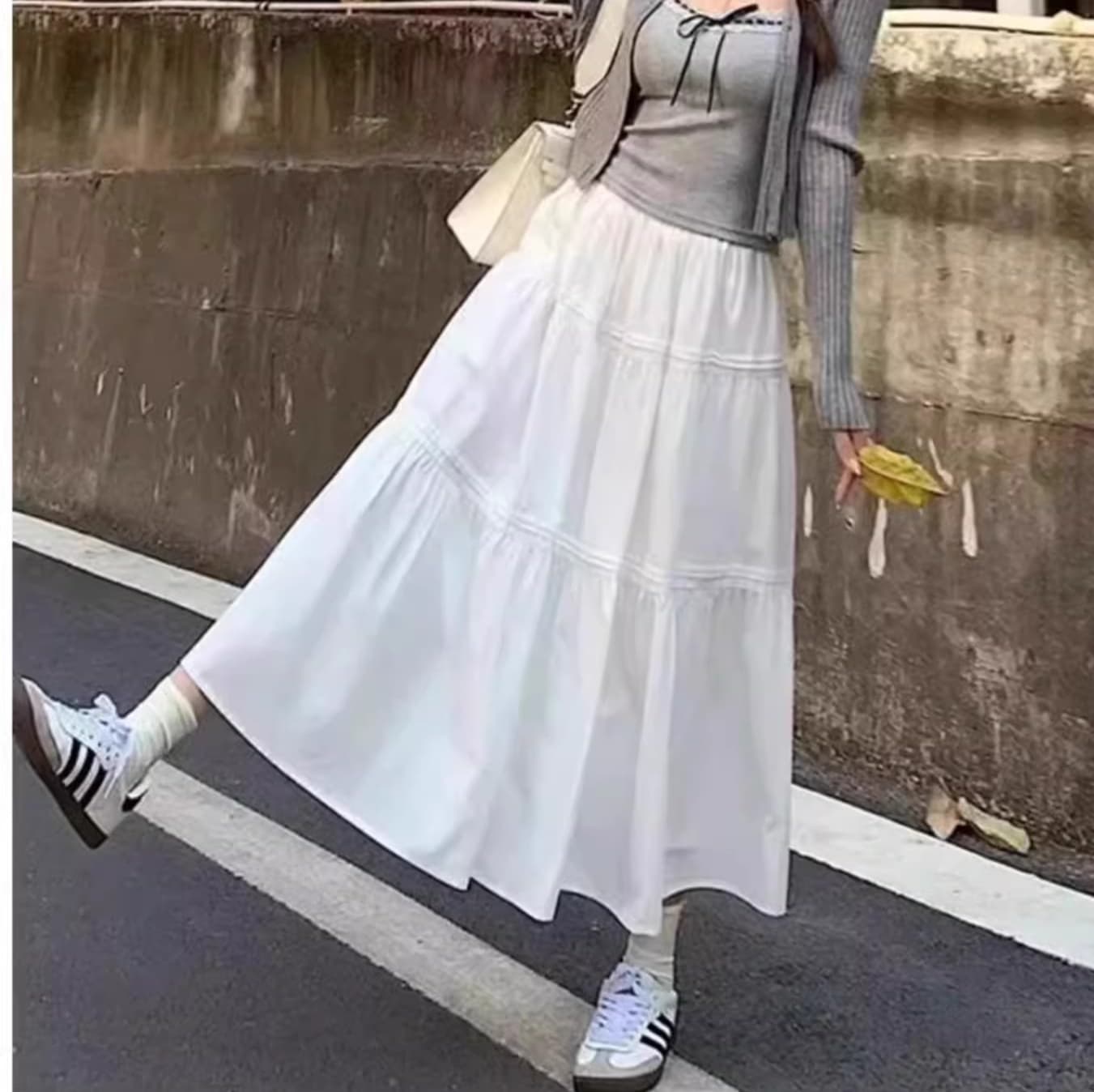 白スカート ティアードロング ギャザーフレアスカート