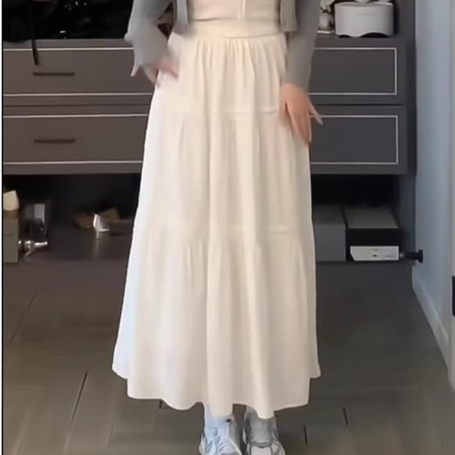 白スカート ティアードロング ギャザーフレアスカート