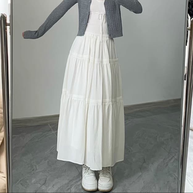 白スカート ティアードロング ギャザーフレアスカート