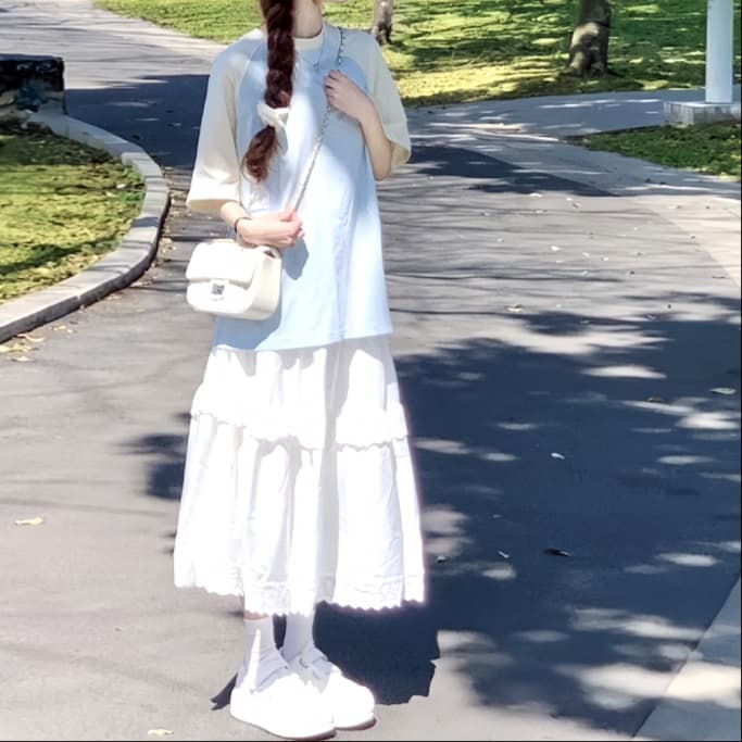 白スカート 刺繍レース ティアードフレアスカート