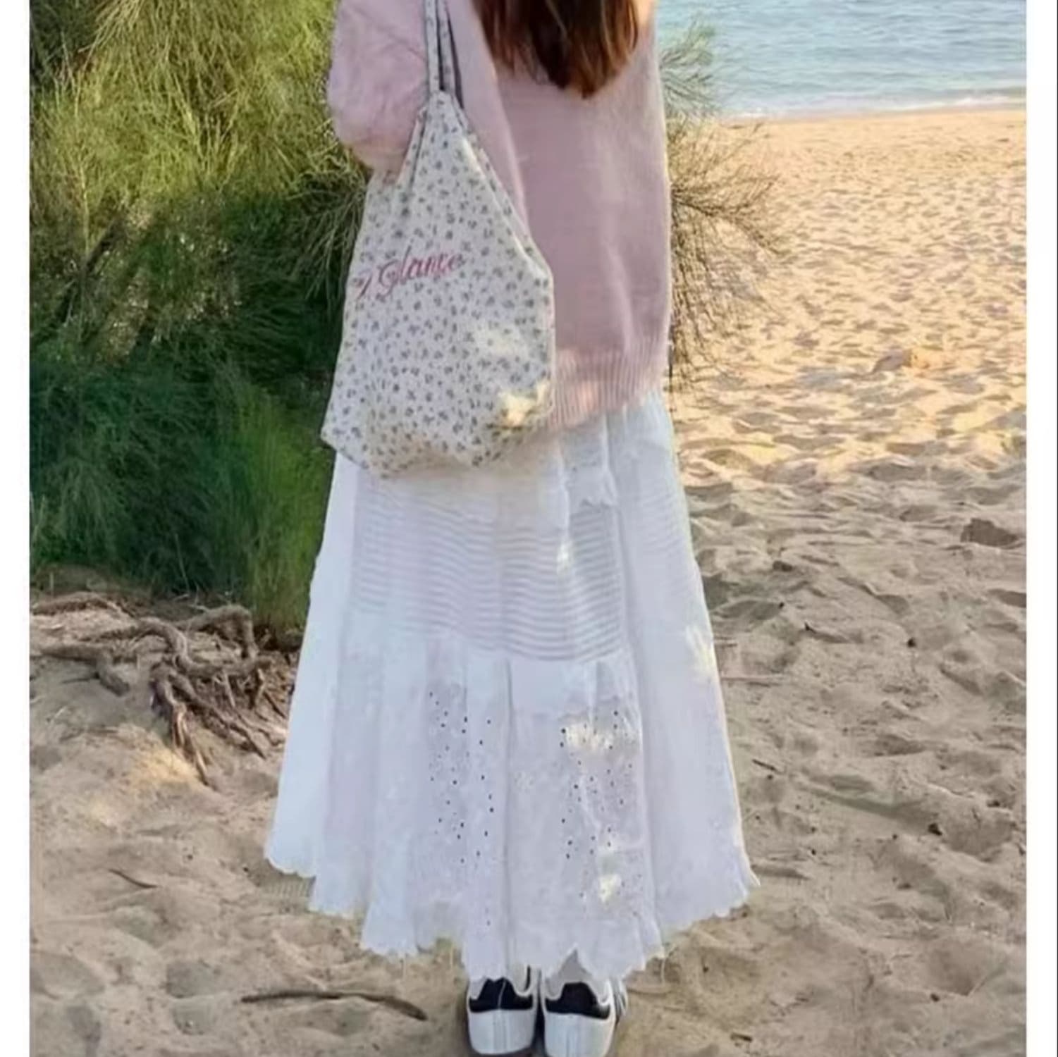 白スカート 刺繍レース ティアードフレアスカート