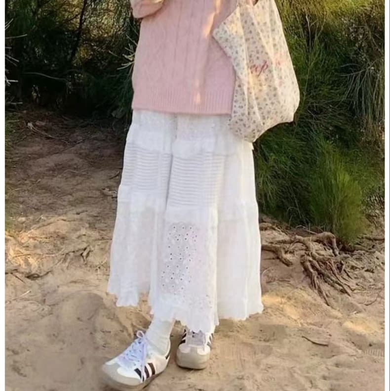 白スカート 刺繍レース ティアードフレアスカート
