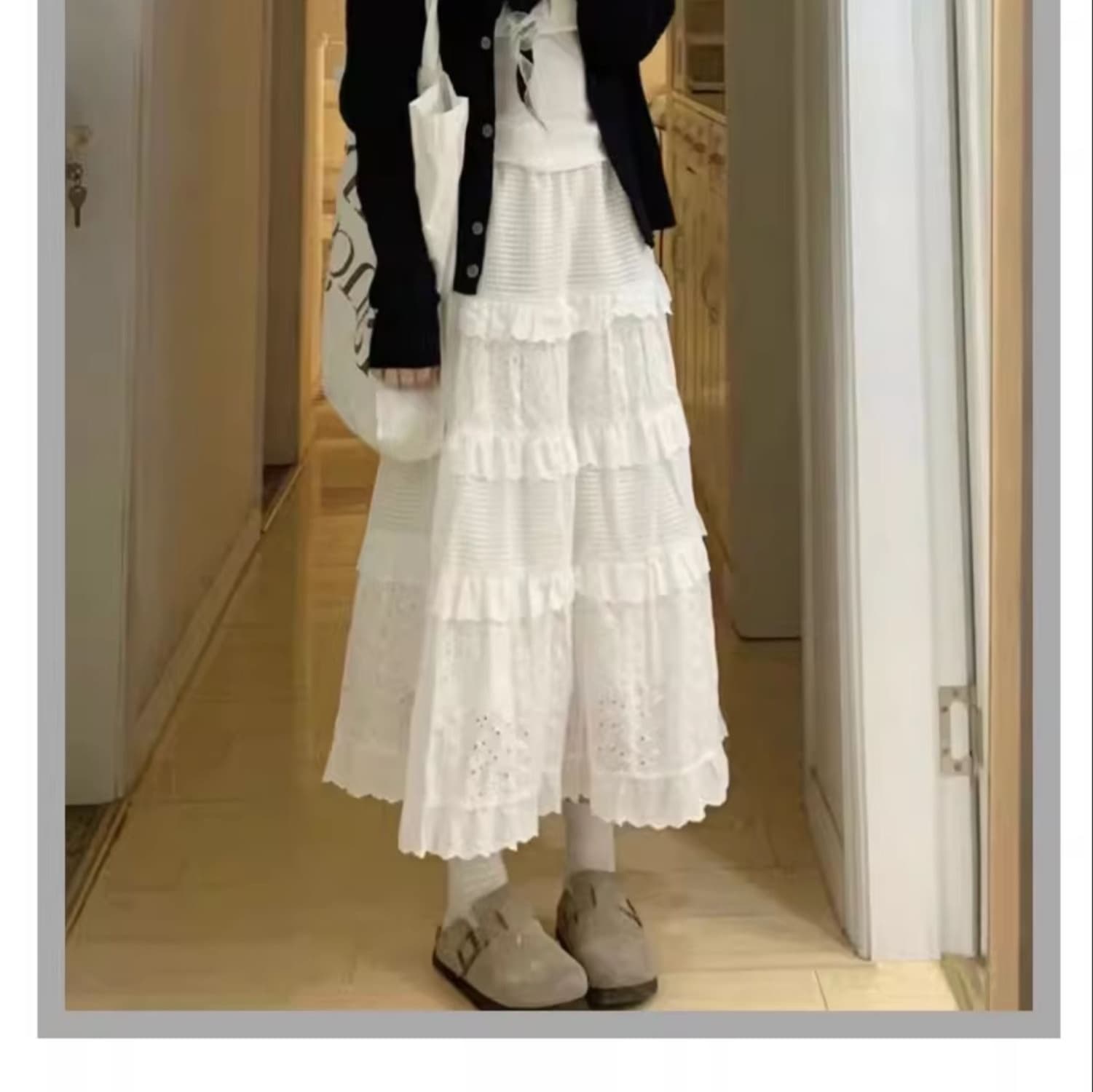 白スカート 刺繍レース ティアードフレアスカート