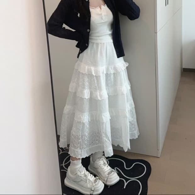 白スカート メッシュ切替フリルティアードスカート