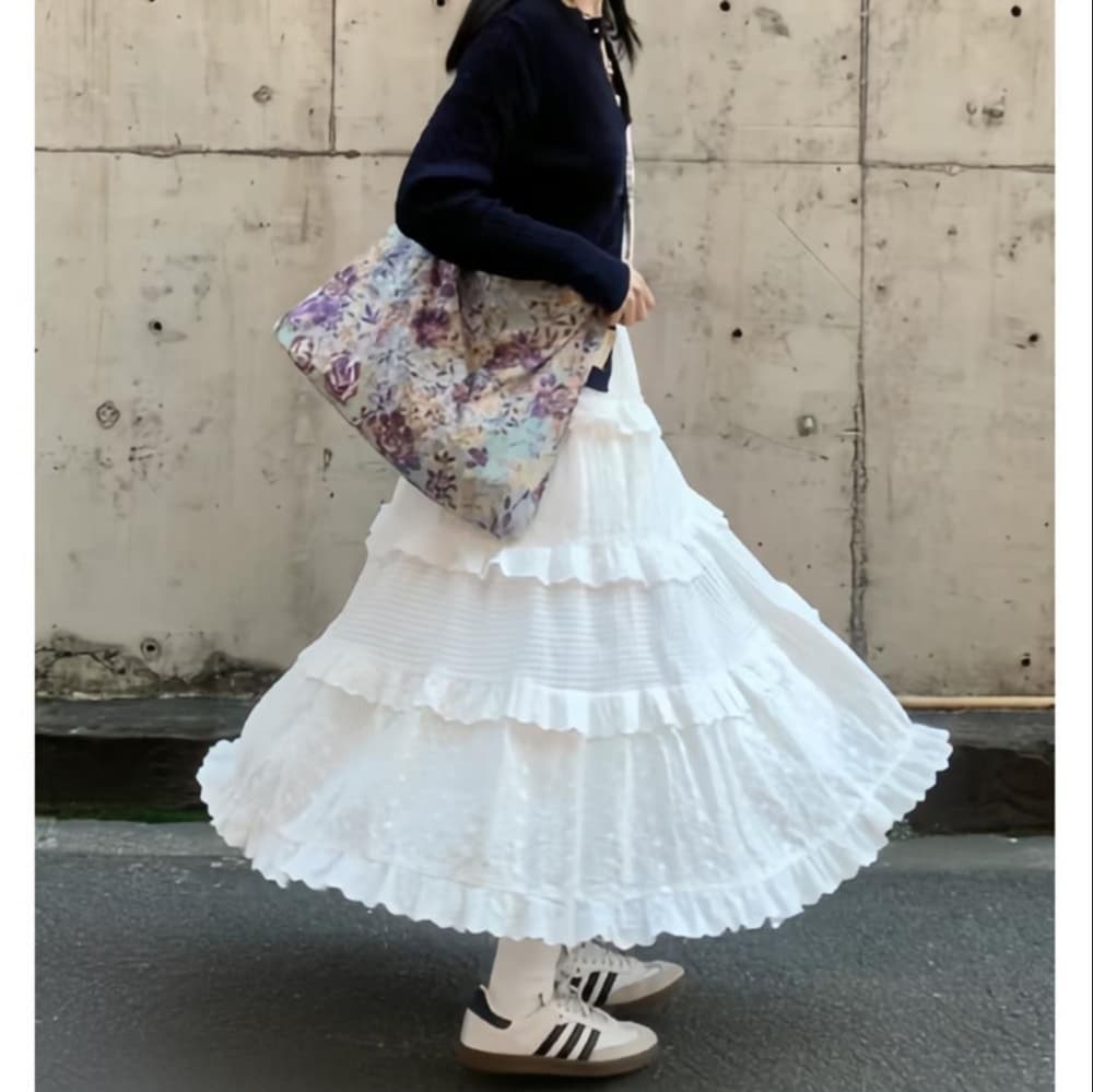 白スカート メッシュ切替フリルティアードスカート