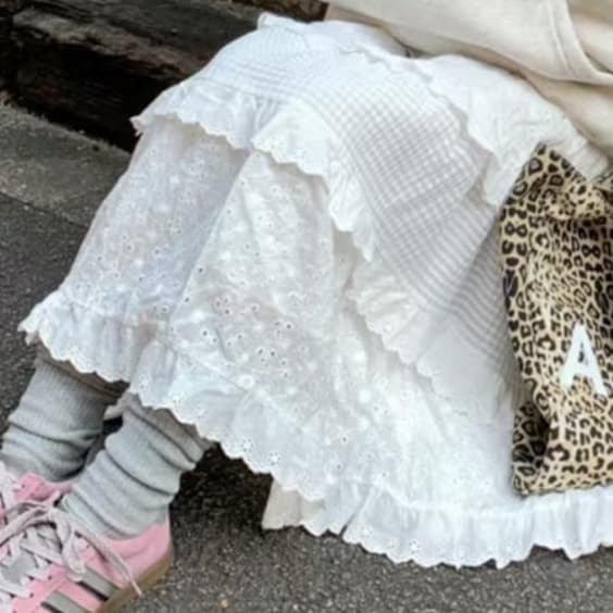 白スカート メッシュ切替フリルティアードスカート