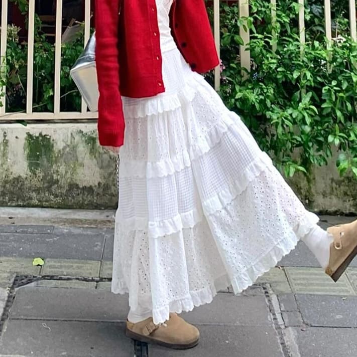 白スカート ふんわりティアードロングスカート