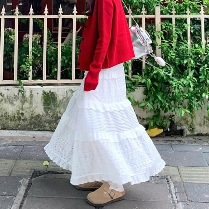 白スカート ふんわりティアードロングスカート