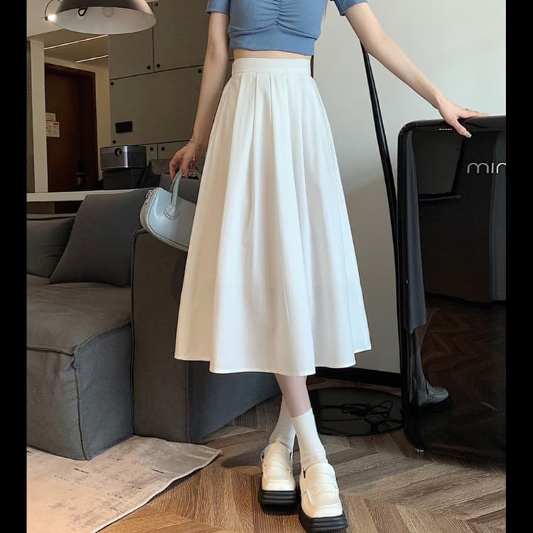 白スカート やわらかプリーツロングスカート