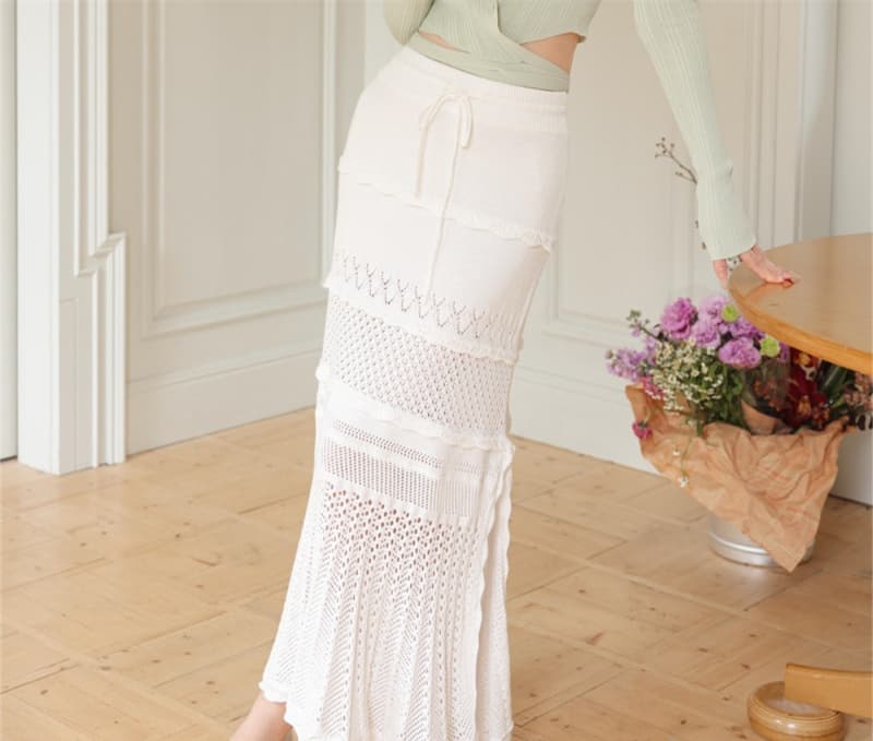 白スカート マーメイド透かし編みニットスカート