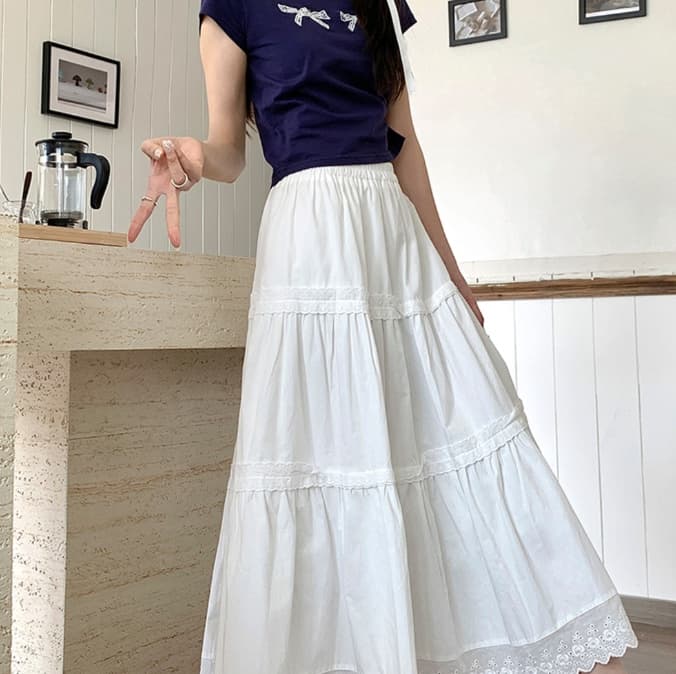 白スカート フレアレース付きティアードロングスカート