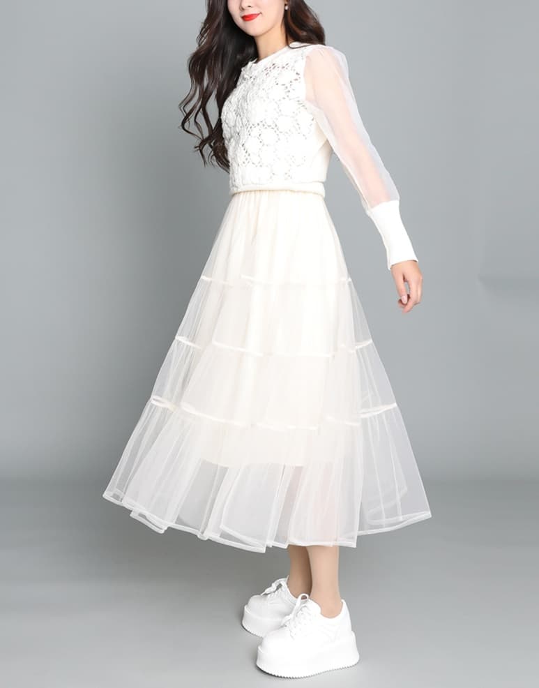 白スカート フレアチュールレイヤードスカート