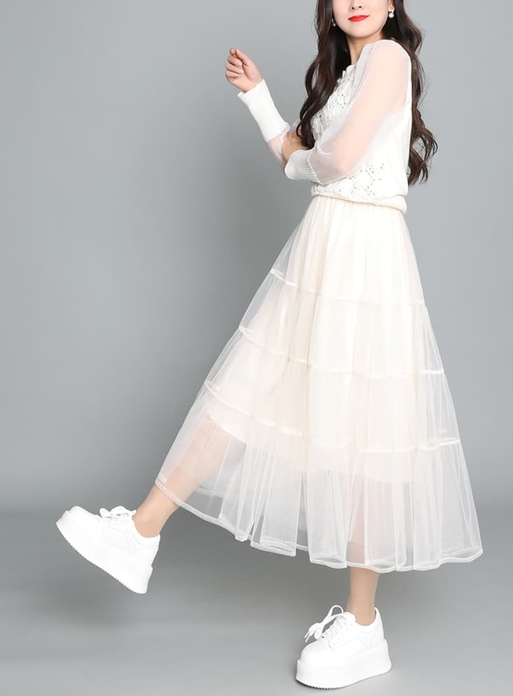 白スカート フレアチュールレイヤードスカート