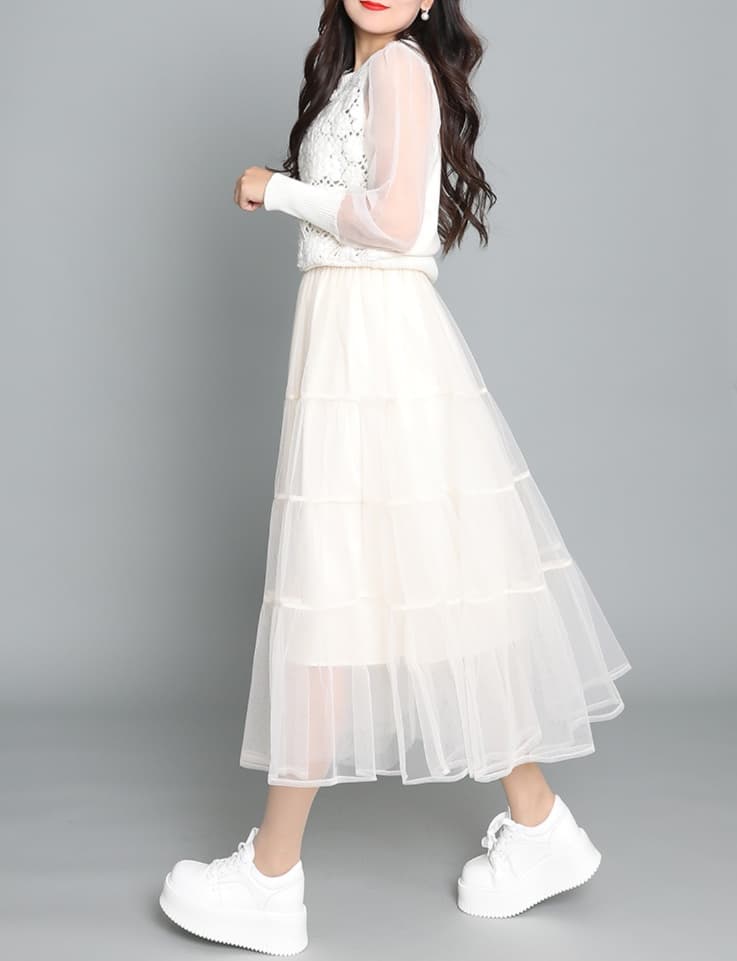 白スカート フレアチュールレイヤードスカート