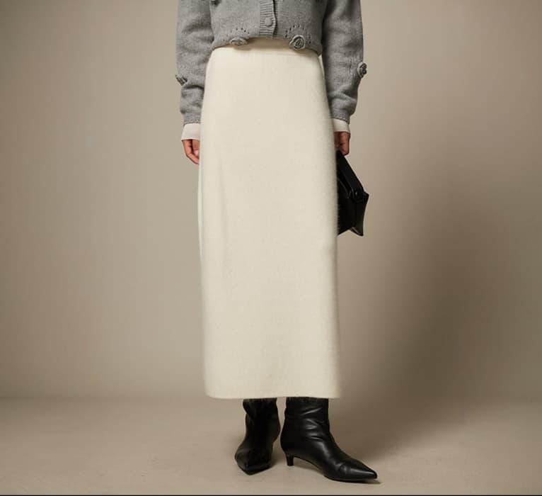 白スカート タイトしなやかウール混ロングスカート