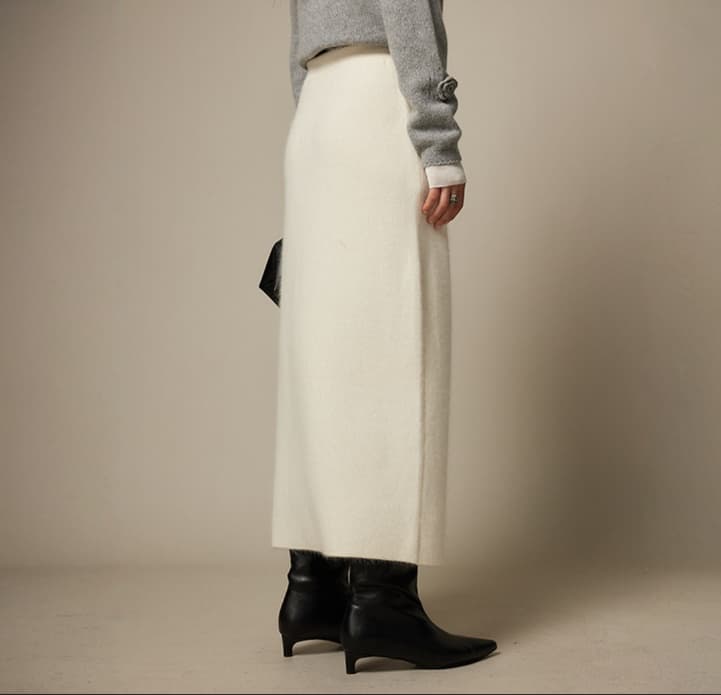 白スカート タイトしなやかウール混ロングスカート