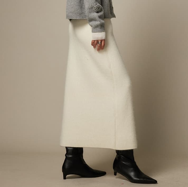 白スカート タイトしなやかウール混ロングスカート