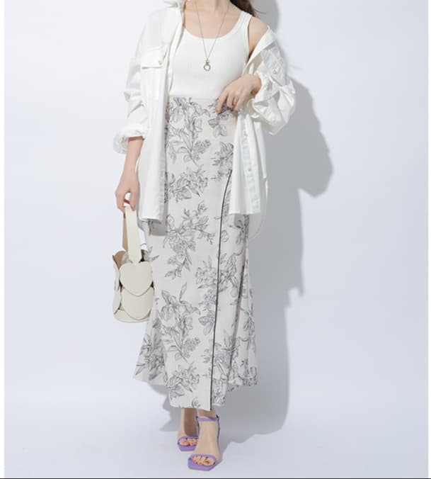 白スカート マーメイド 花模様ロングスカート